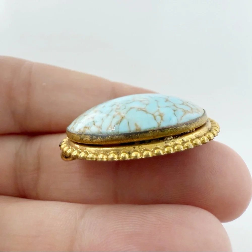 Vintage Turquoise Peking Glass Oval Brooch Goldtone Ball Bead Trim Framed